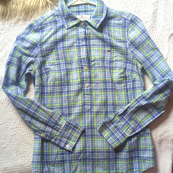 Vineyard Vines Blue Green Cotton Plaid Button Up Shirt Size 0 Fall Shirt - Picture 2 of 7